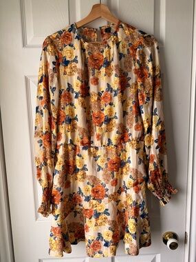 Simons Floral Mini Dress in Cream with Yellow and Orange Roses